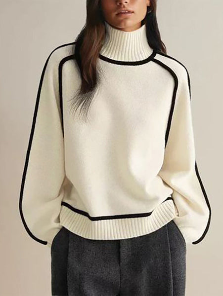 Original White High Neck Contrast Color Long Sleeve Sweater TW012 ABC