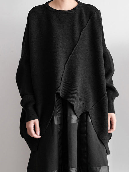 Original Loose Black Round-Neck Batwing Sleeve Irregular Hem Knit Sweater AN1037 Genistyle Shop