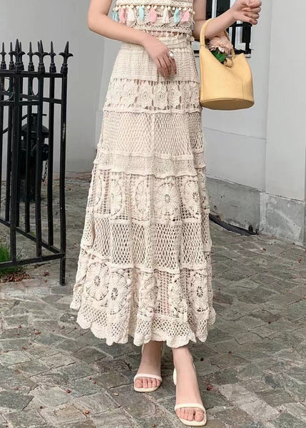 Hollow Loose Skirts Waist Out Apricot Summer Elastic FashionChic