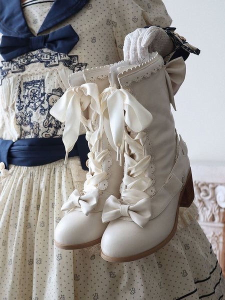 with Hem Bow Sweet Beige Mid-Heel Design in PU Leather Scalloped Matte Boots FashionChic