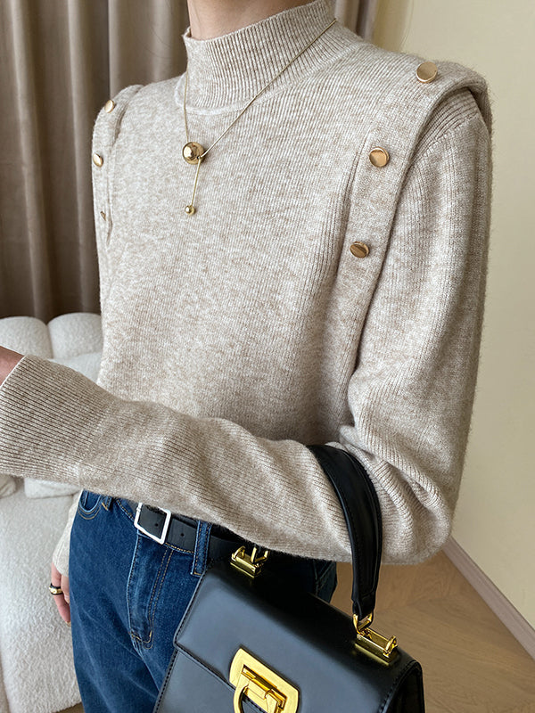 Elegant Grey High-Neck Buttoned Decor Long Sleeve Knit Sweater AN1050 Genistyle Shop