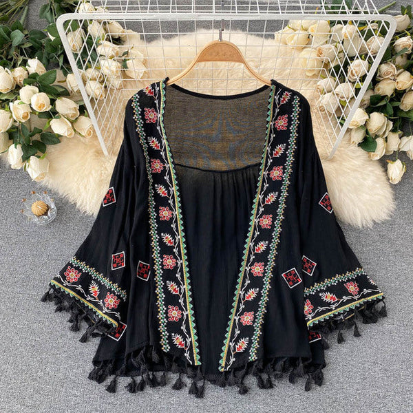 Bohemian White Embroidered Three-quarter sleeves Splicing Tassel Cardigan AR1023 shopify