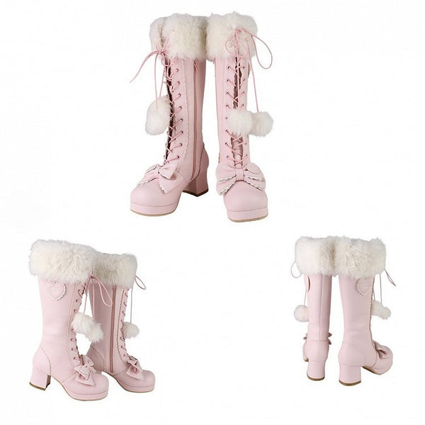 - Bow Cuff Accents Lolita Boots Plush Sweet with PU Knee-High Pink FashionChic