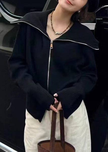 New Black Peter Pan Collar Zip Up Knit Sweater Fall RY021 ABC