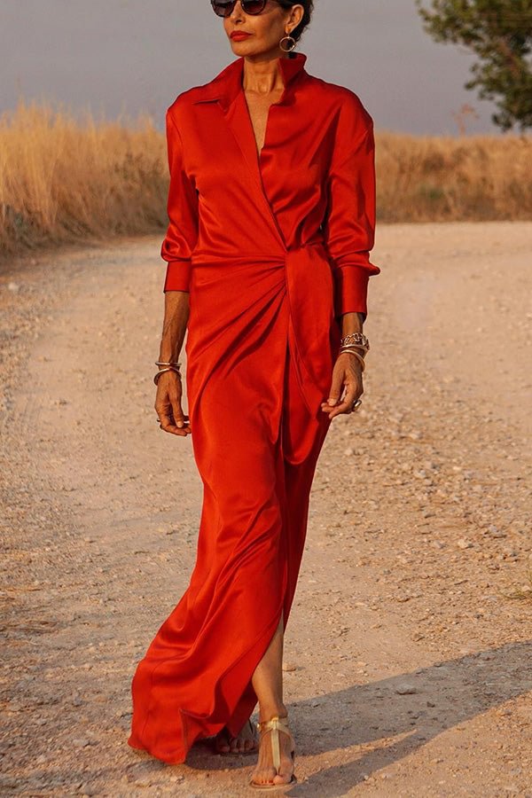 Red Satin Wrap Shirt Maxi Dress QB034 GSK-241025