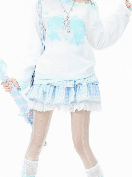 Plaid Daily Skirt Kawaii Tiered Black/Pink/Blue Pattern in with FashionChic