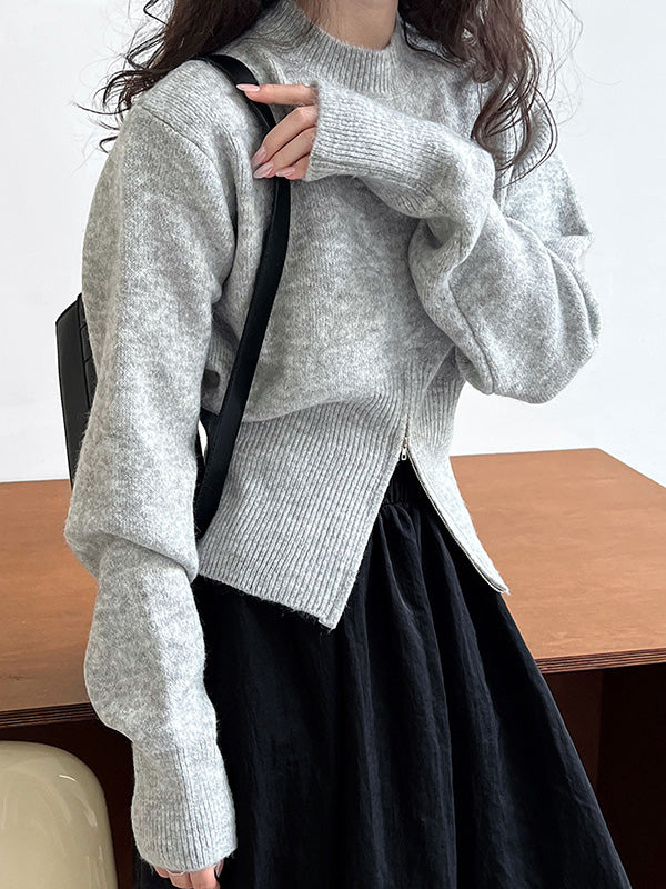Chic Grey Mock Neck Zip-up Hem Long Sleeve Sweater AN1072 Genistyle Shop