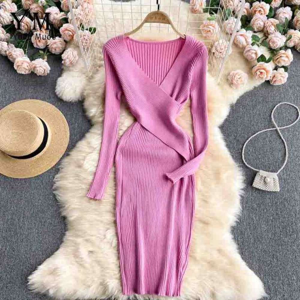 Sexy Pink V-neck Cross Slim Waist Long Sleeve Knit Sweater Dress AR1018 shopify