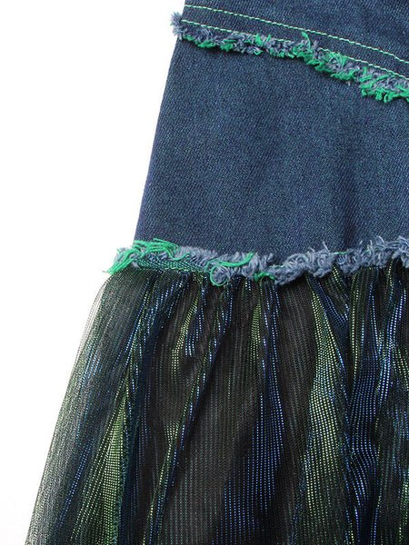 Stylish Denim With Belted Patchwork Blue Green Tulle A-Line Skirt TT1038 shopify