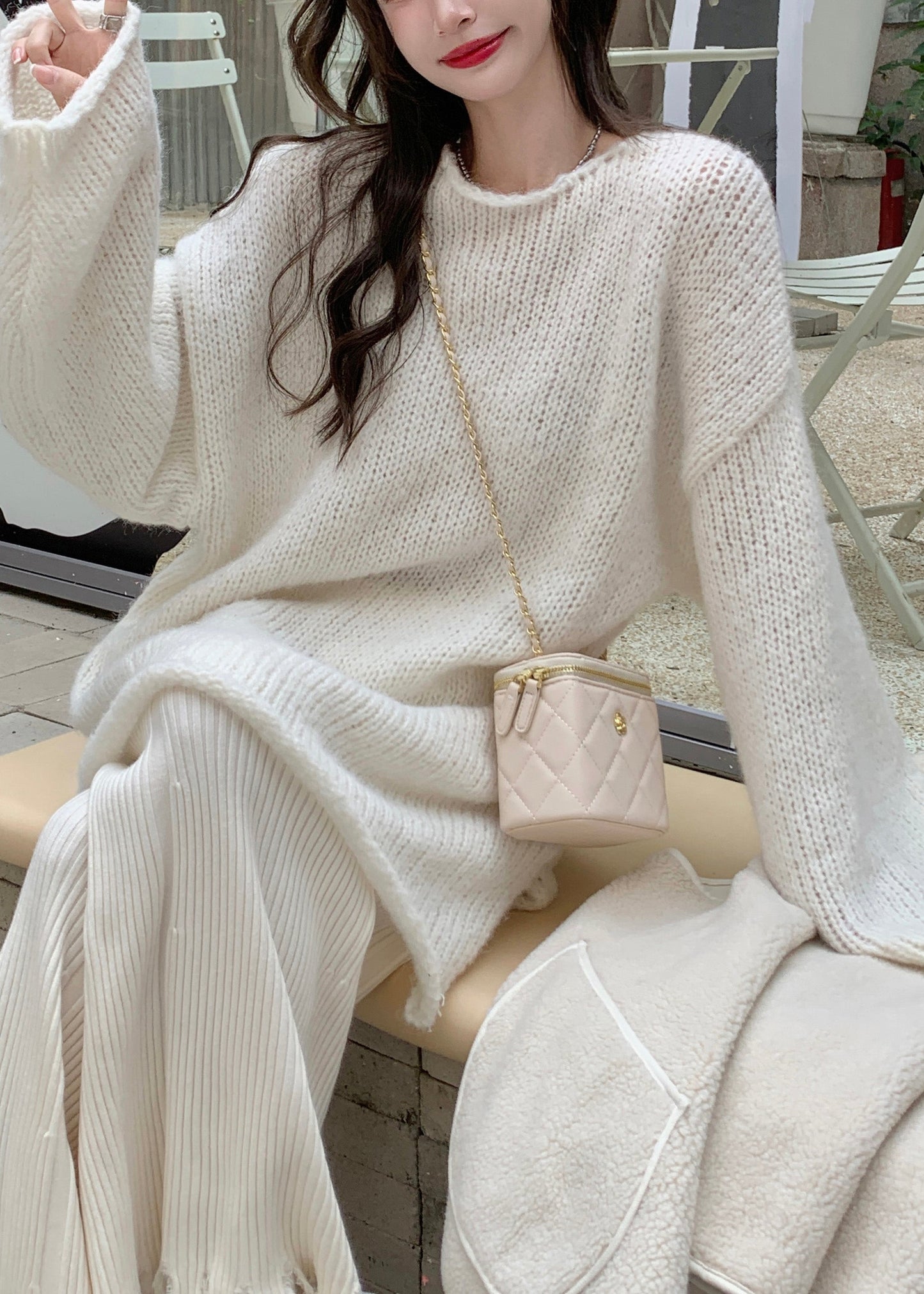 Cute Beige O-Neck Thick Cotton Knit Waistcoat Sweaters And Trousers Three Piece Set Winter WV003 ABC