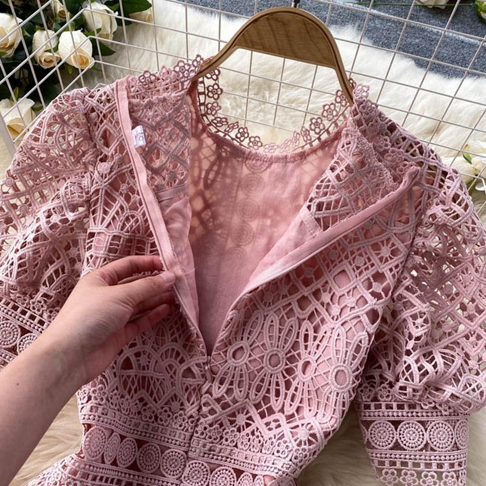 Chic Pink O-neck Hollow Out Lace High Waist Puff Sleeve Mini Dress AR1010 shopify