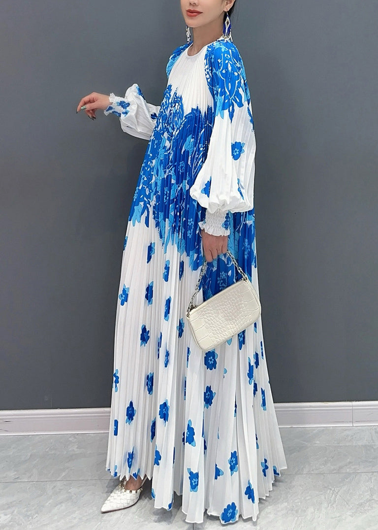 Style White Blue O Neck Print Wrinkled Long Dresses Petal Sleeve AO1001 JDML-FDL240909