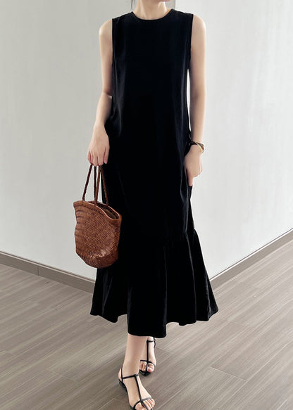 Black Wrinkled Cotton Long Dress O Neck Sleeveless NN021 shopify