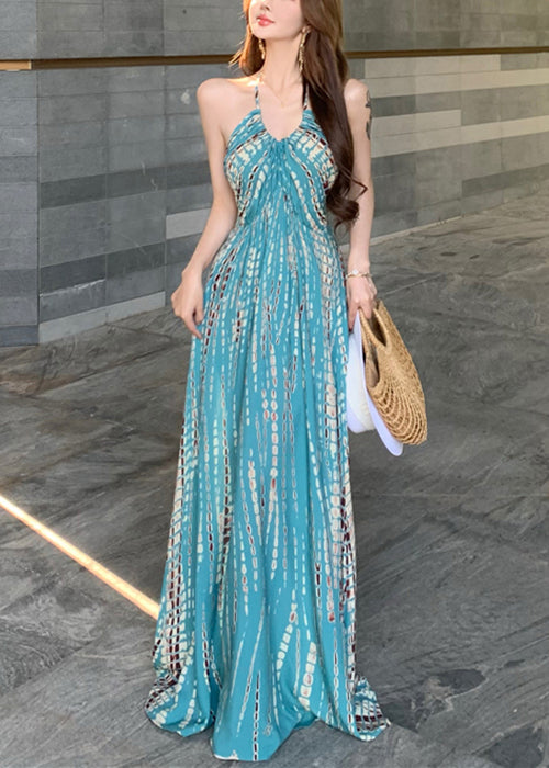 Print Dress Sleeveless Backless Blue Vacation Cotton Stylish FashionChic