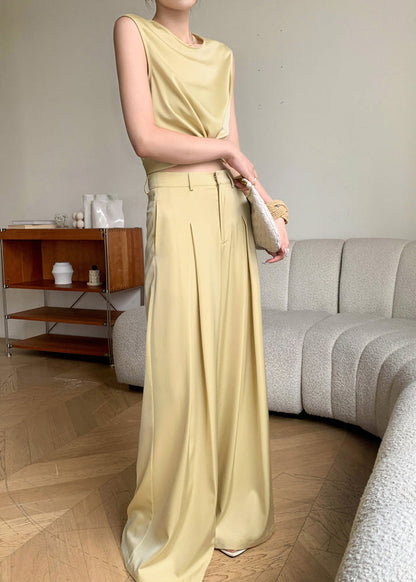 French Yellow O-Neck Silk Top And Wide Leg Pants Two Pieces Set Sleeveless AN1027 Genistyle Shop