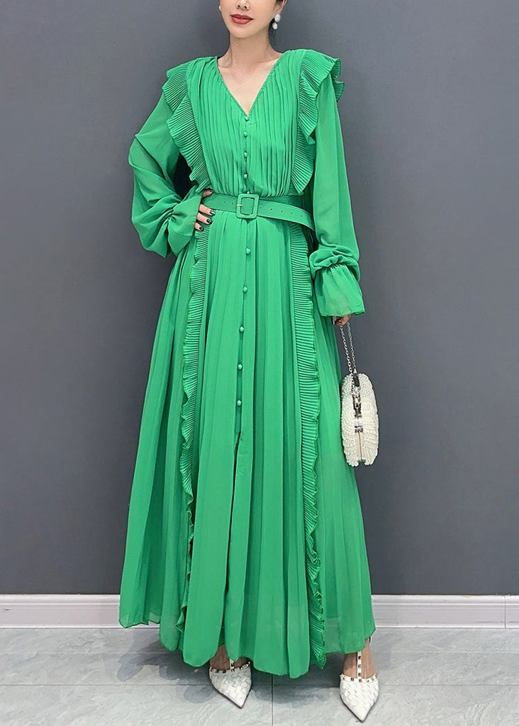 New Green Ruffled Button Sashes Chiffon Dress Long Sleeve AR1033 JDML-240823