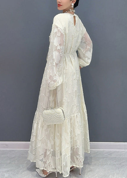 Loose White O Neck Print Tie Waist Maxi Dresses Fall AR1036 JDML-240823