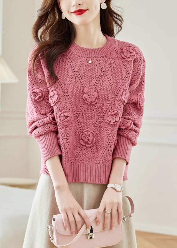 Floral Pink Hollow Out Solid Knit Sweaters Fall QC033 shopify