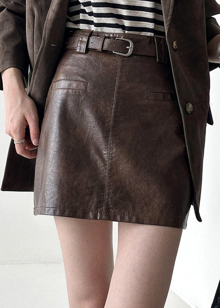Modern Coffee Zippered High Waist Faux Leather Skirt Fall AF1059 HS-SPTS240914