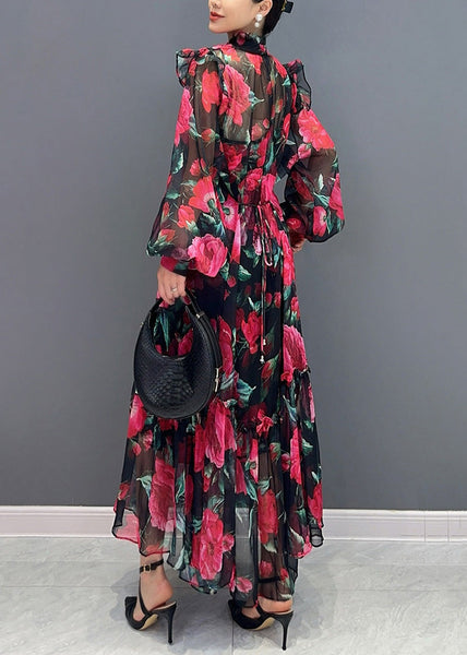 Beautiful Red Tie Lace Print Chiffon Maxi Dresses Fall AO1044 JDML-FDL240909