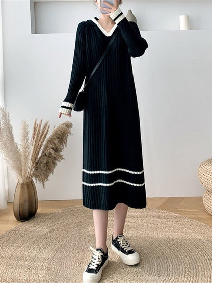 Urban Coffee Hooded V-Neck Long Sleeve Striped Knit Dress AN1051 Genistyle Shop