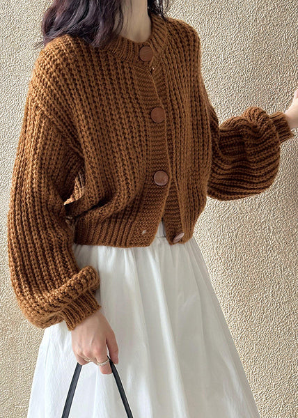 New Brown O Neck Hollow Out Cotton Knit Cardigan Fall AF1014 HS-NCT240914