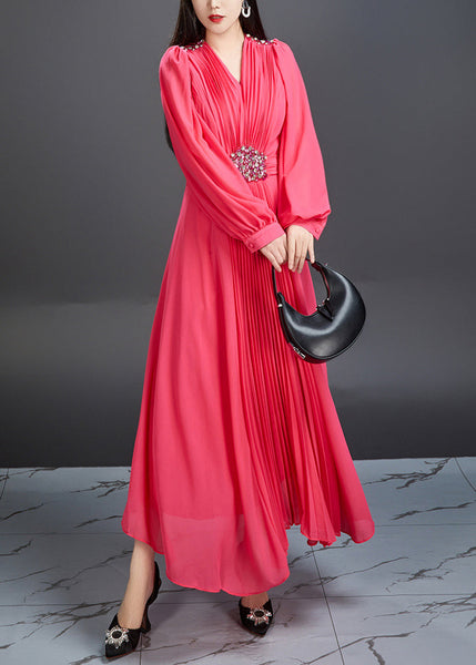 Novelty Red V Neck Wrinkled Chiffon Long Dress Fall AR1039 JDML-240823