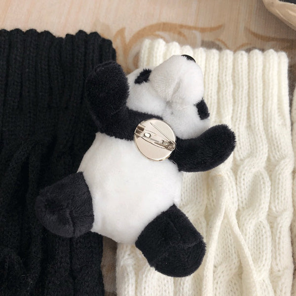 Set Pom-Pom Brooch Knitted + Warmers Black White Leg Decorated / Creamy Panda FashionChic
