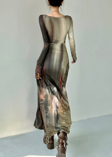 French Retro Oil Painting Printed Side Open Dress Autumn AN1012 Genistyle Shop