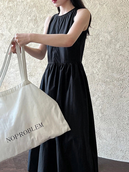 Patchwork O-neck Dress Simple Sleeveless Blue Puff Hem FashionChic