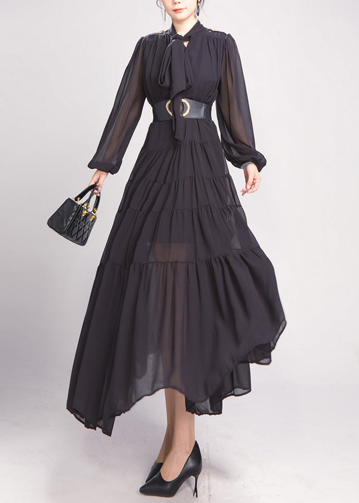 Black Bow Wrinkled Chiffon Maxi Dress Long Sleeve AO1043 JDML-FDL240909