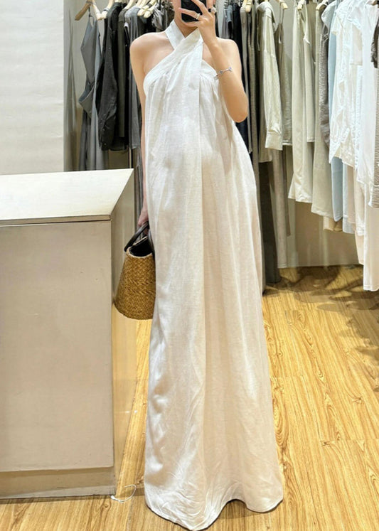 New White Cold Shoulder Solid Cotton Maxi Dresses Sleeveless EE011 shopify