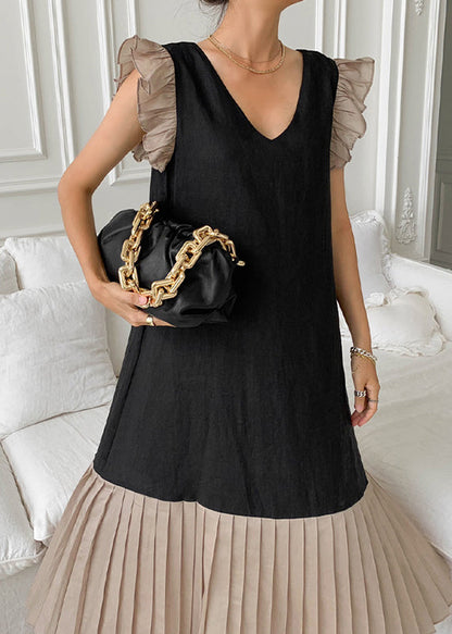 Pleated Cotton Sleeve Patchwork Dress Black Butterfly FashionChic