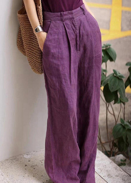 Organic Purple Pockets High Waist Linen Wide Leg Pants Fall AN1019 Genistyle Shop