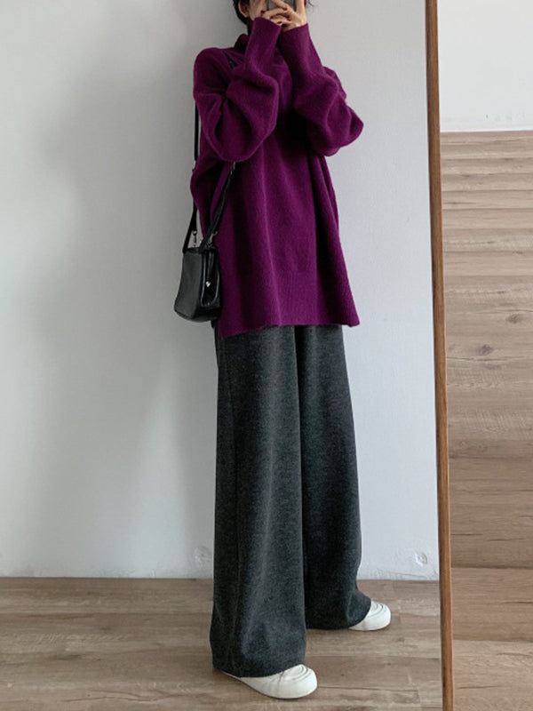 Casual Red High Neck Split Hem Long Sleeve Sweater AN1056 Genistyle Shop