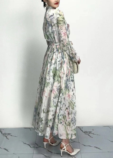 Classy Grey Bow Print Wrinkled Cotton Long Dresses Long Sleeve AO1011 JDML-FDL240909