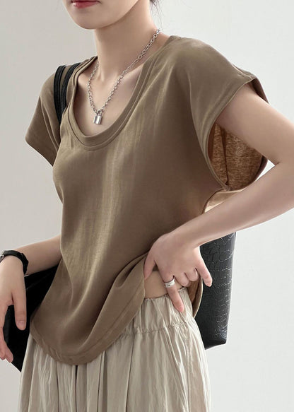 Summer Solid Simple Coffee T Neck O Shirt Cotton FashionChic