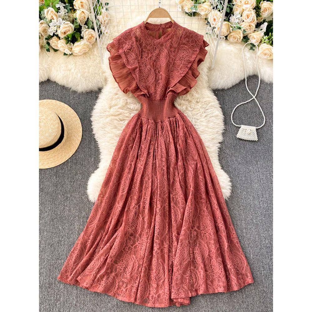 Temperament Olive Lace Ruffled Pleated Hem Flying Sleeve Dress AR1002 shopify