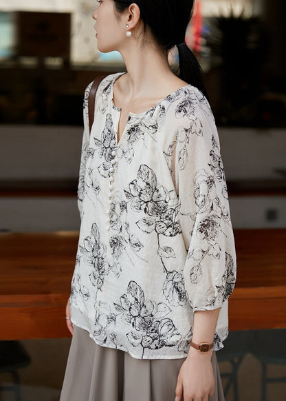 White Boho Oversized Shirts Sleeve Bracelet Cotton Print FashionChic