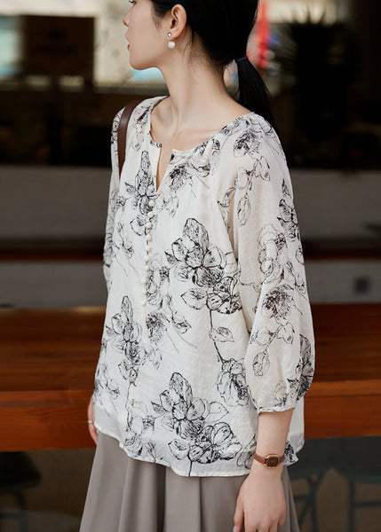 White Boho Oversized Shirts Sleeve Bracelet Cotton Print FashionChic