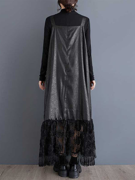 Elegant Black Square Collar Jacquard Patchwork Lace Ruffled Hem Suspender Dress TW010 ABC