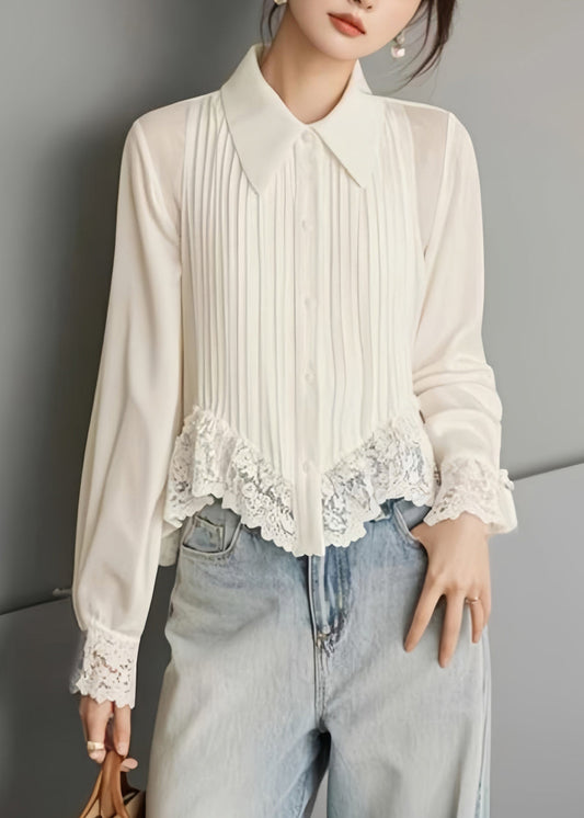 Art White Button Lace Solid Chiffon Blouses Spring RV040 ABC