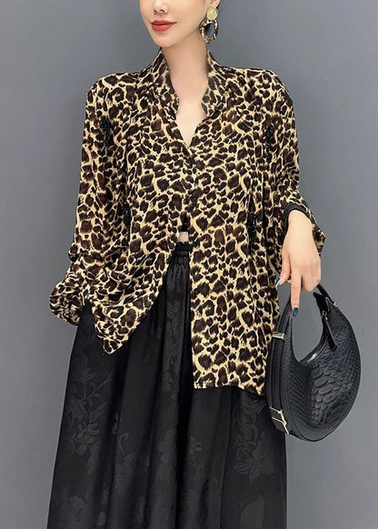 Fashion Leopard Stand Collar Asymmetrical Design Tops Fall AO1007 JDML-LTP240909