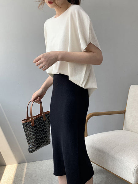 Original Loose White Round Neck Half Sleeve Knit Top AN1042 Genistyle Shop