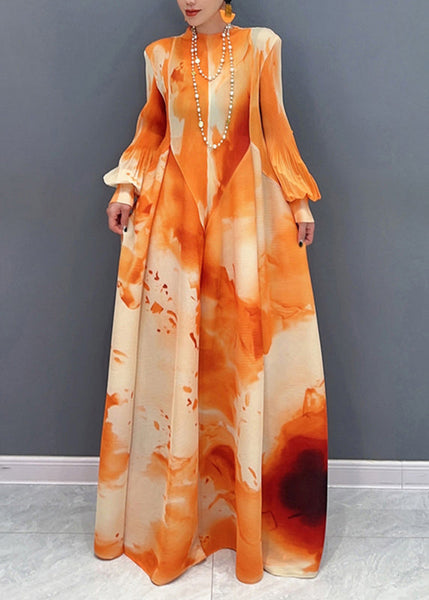 Chic Chiffon Stand Spring Long Orange Dress Wrinkled Collar FashionChic