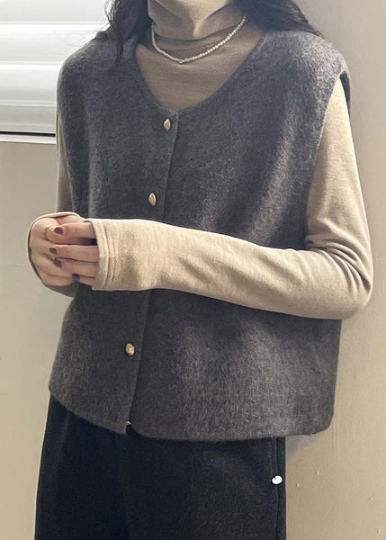 Women Khaki O Neck Button Knit Vest Tops Sleeveless AF1082 HS-VTP240914