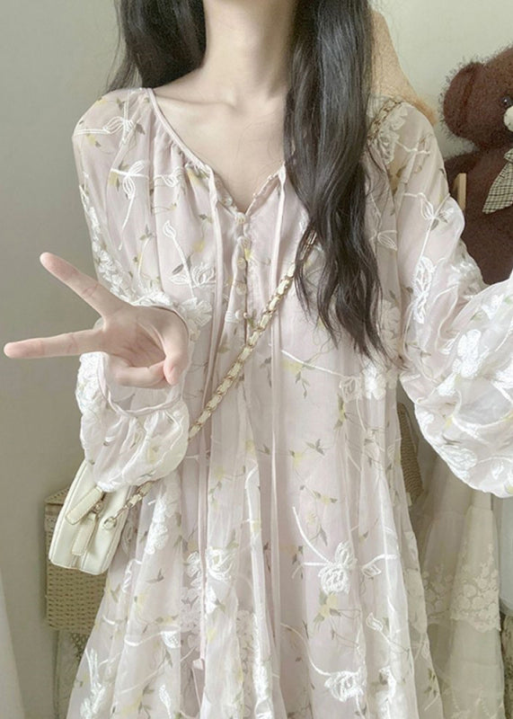 Chic Apricot V Neck Embroidered Silk Mid Dress Lantern Sleeve NN039 shopify