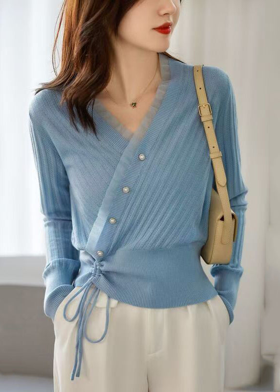 Fitted Blue V Neck Patchwork Drawstring Cotton Knit Sweaters Fall QP017 OL-NTP241001