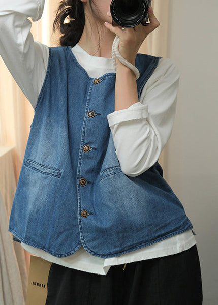 Natural Blue O Neck Button Denim Vest Sleeveless QC004 shopify
