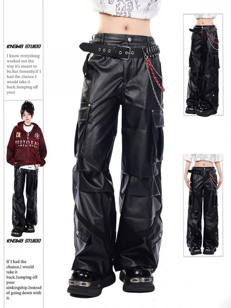 Waistband Pants Techwear Pockets Ruffle Black with Glossy Cargo Partial Tiered Elastic FashionChic